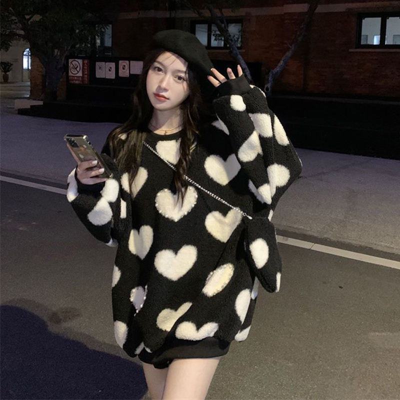 胖mm特大码300斤重工钉珠爱心图案宽松羊羔毛加绒加厚卫衣女秋冬