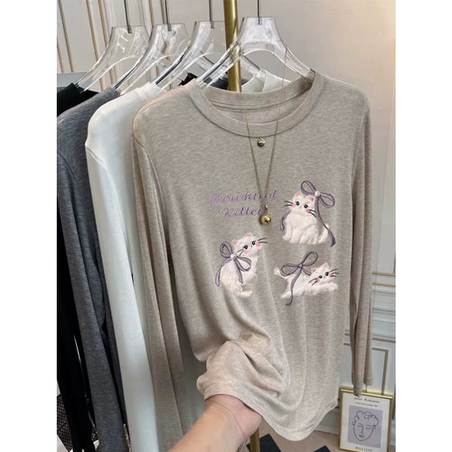 胖mm特大码300斤蝴蝶结猫咪印花长袖T恤女夏季轻薄防晒衫外穿上衣