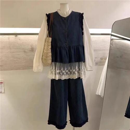 胖mm大码300斤韩版牛仔套装女夏木耳边无袖马甲阔腿裤休闲两件套