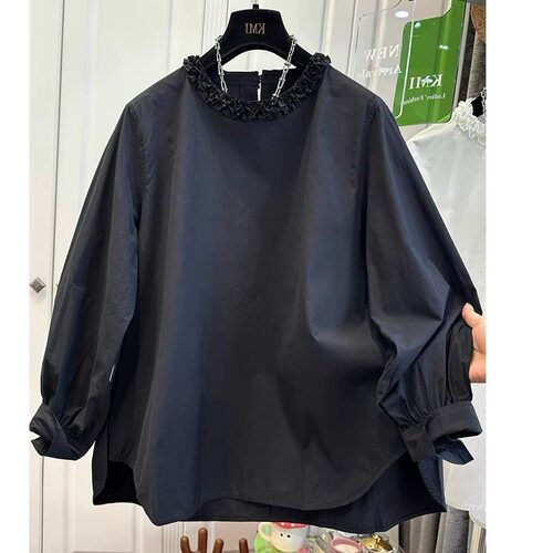 胖mm特大码300斤减龄风褶皱木耳边圆领衬衫女春秋季宽松休闲上衣