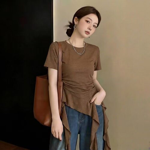 胖mm特大码300斤韩系正肩短袖T恤女夏季设计感炸街小衫不对称上衣