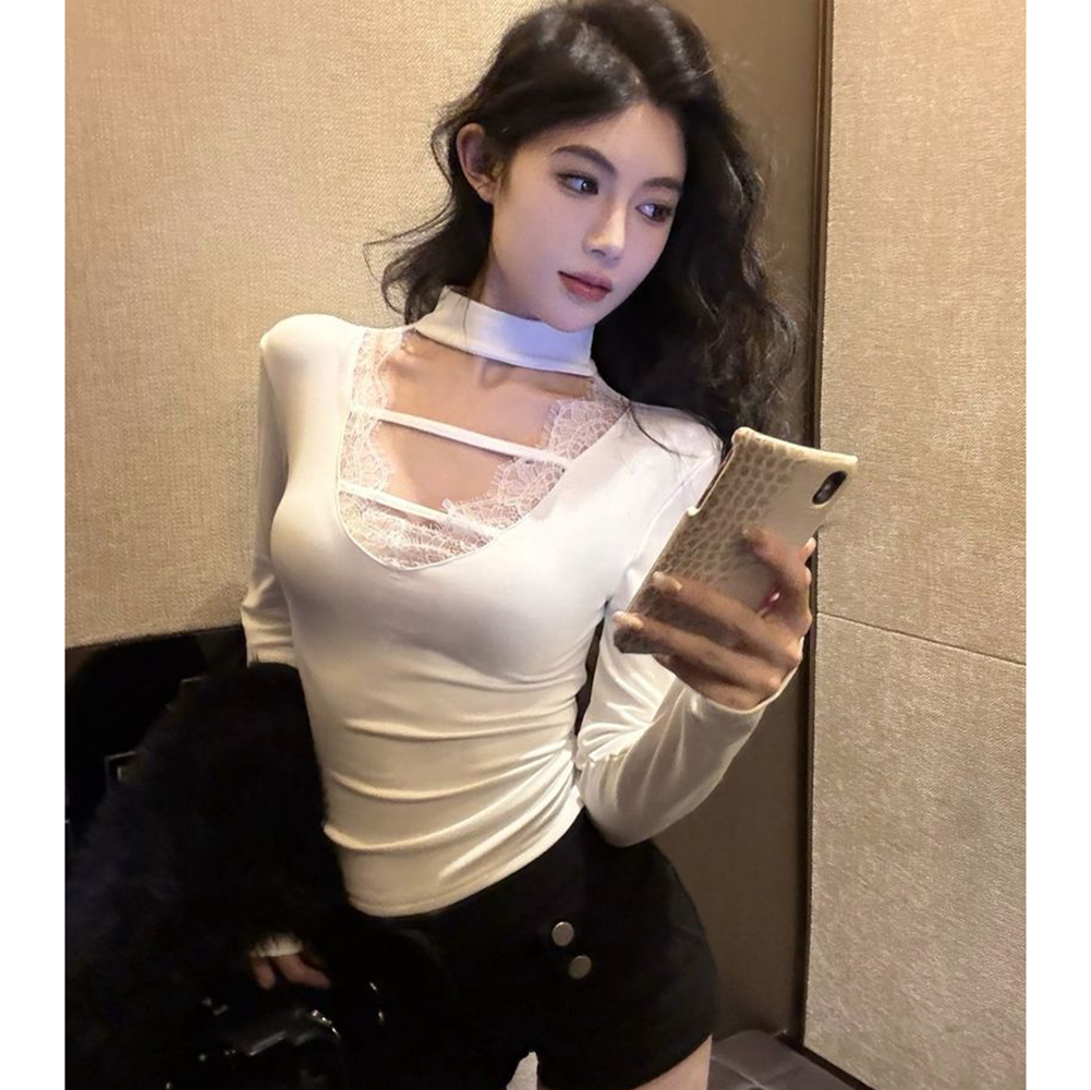 胖mm特大码300斤性感蕾丝拼接领长袖T恤女春纯欲秋辣妹镂空打底衫