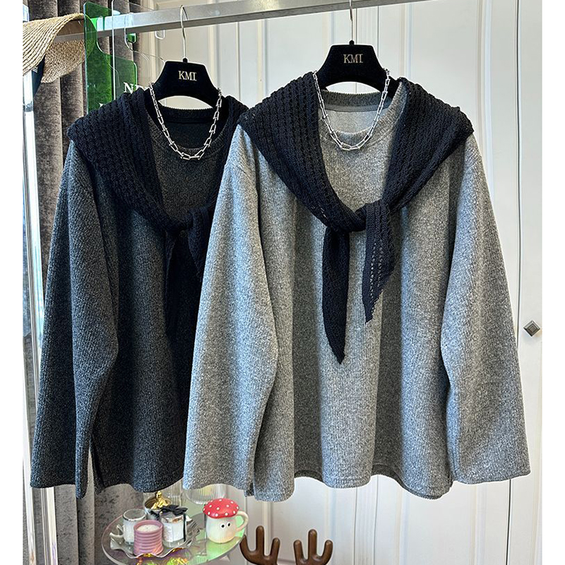 胖mm特大码300斤设计感两件套针织披肩坑条宽松慵懒长袖t恤女春秋