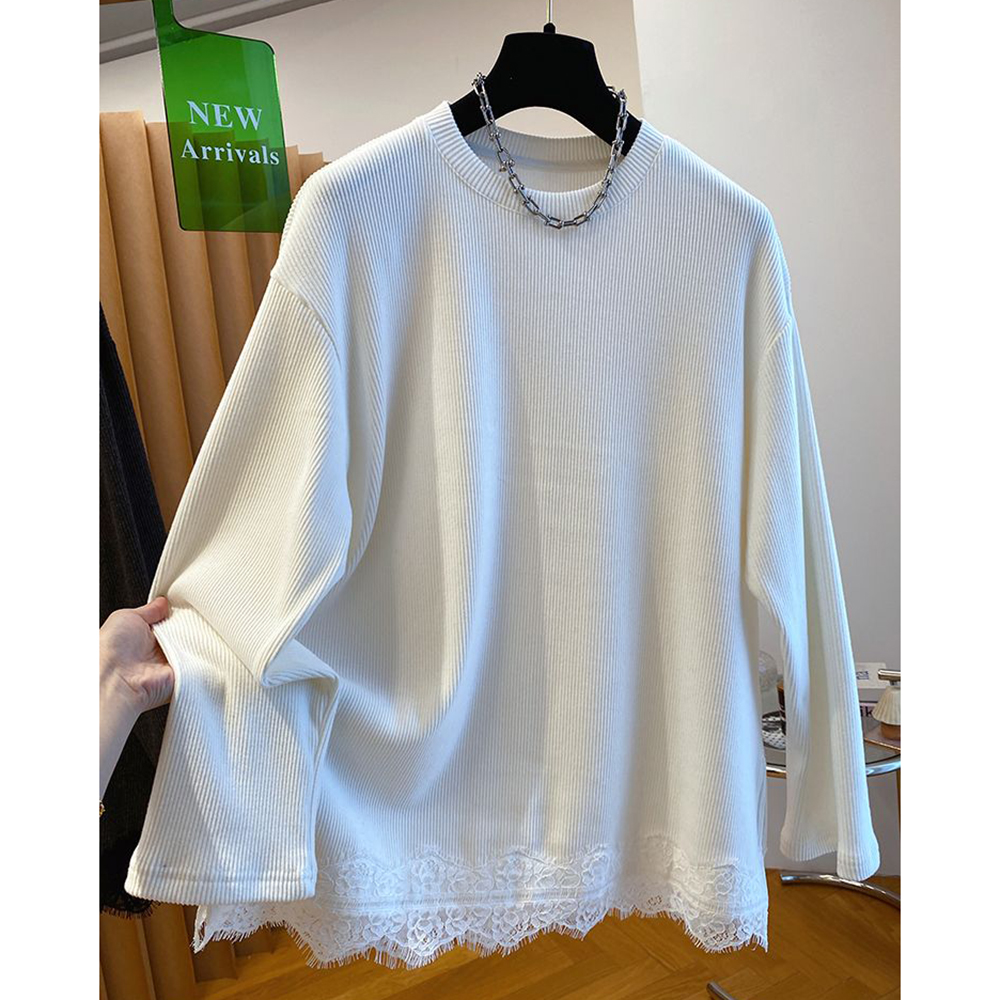 胖mm特大码2-300斤德绒坑条长袖t恤女秋冬宽松蕾丝花边打底衫上衣