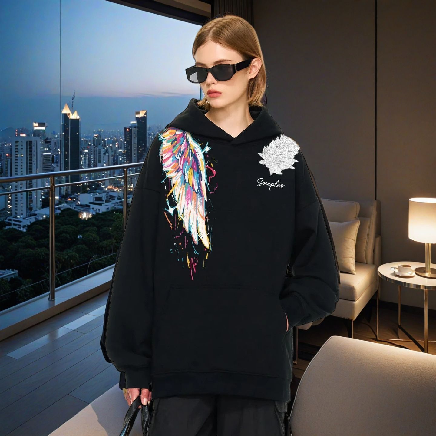 胖mm特大码300斤满天星立体浮雕绣花鸳鸯翅膀印花连帽卫衣女春秋