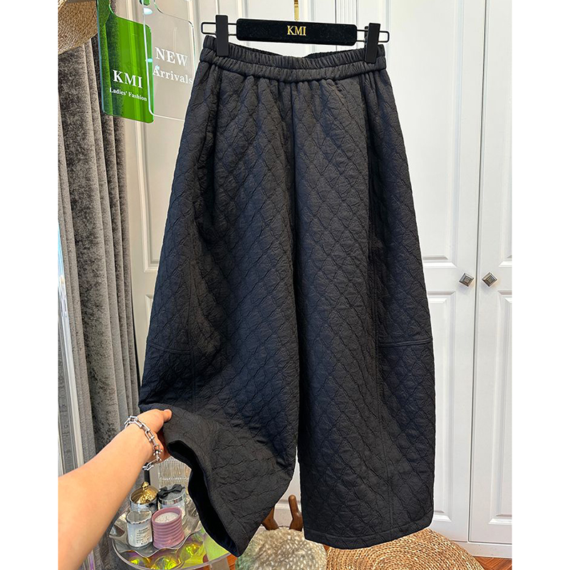 胖mm特大码250斤菱形格松紧腰休闲裤女秋冬季宽松夹棉保暖气球裤