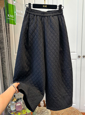胖mm特大码250斤菱形格松紧腰休闲裤女秋冬季宽松夹棉保暖气球裤