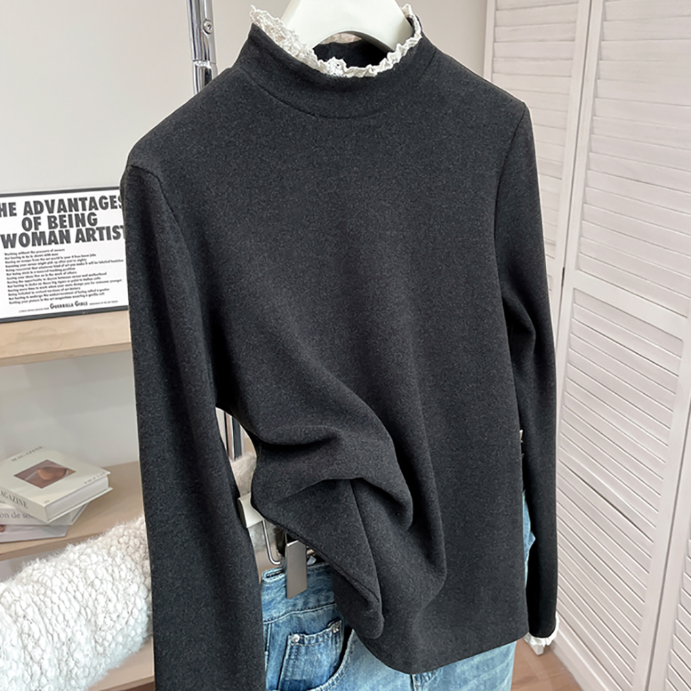 胖mm特大码300斤蕾丝花边半高领内搭长袖t恤女秋冬打底衫保暖上衣