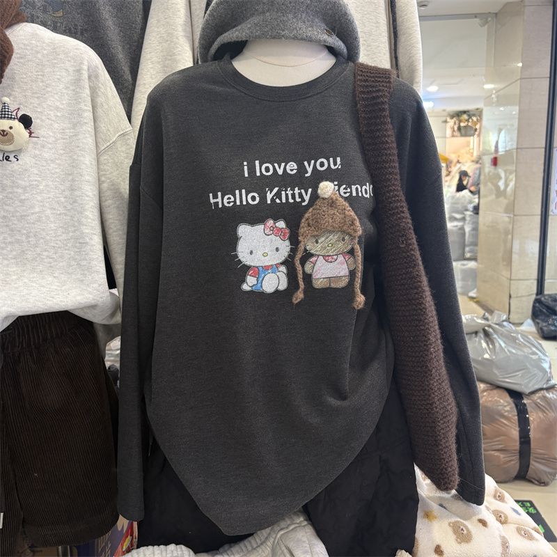 胖mm特大码2-300斤保暖磨毛德绒可爱猫咪宽松长袖T恤女秋冬打底衫