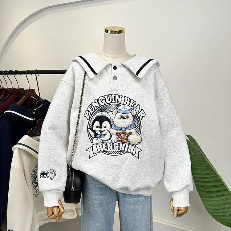 胖mm特大码300斤趣味卡通刺绣海军领卫衣女秋冬宽松加绒长袖外套