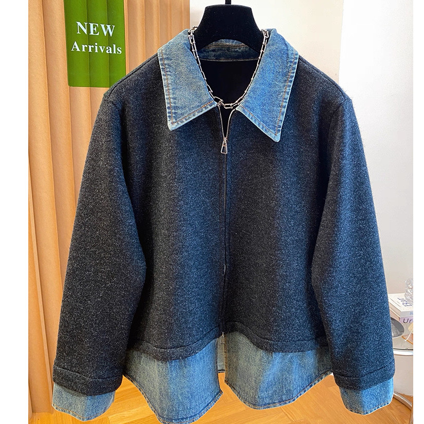胖mm大码300斤牛仔拼接假两件卫衣外套女秋冬厚款双拉链翻领夹克,女装/女士精品,常规大码外套,淘宝优惠券,粉丝福利购,淘宝优惠卷