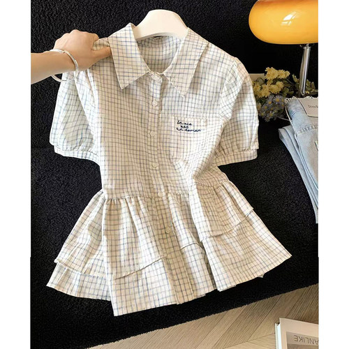 胖mm特大码300斤法式荷叶边格子短袖衬衫女夏宽松洋气娃娃衫上衣