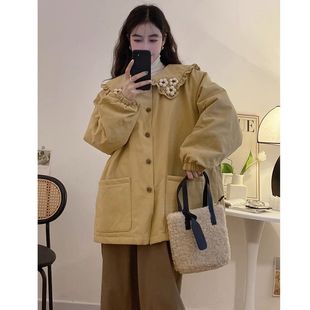 胖mm大码 棉衣 300斤韩系娃娃领棉服外套女秋冬复古宽松设计感厚款