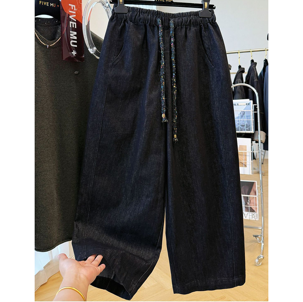胖mm特大码2-300斤复古设计感牛仔裤女秋冬宽松遮胯休闲阔腿长裤