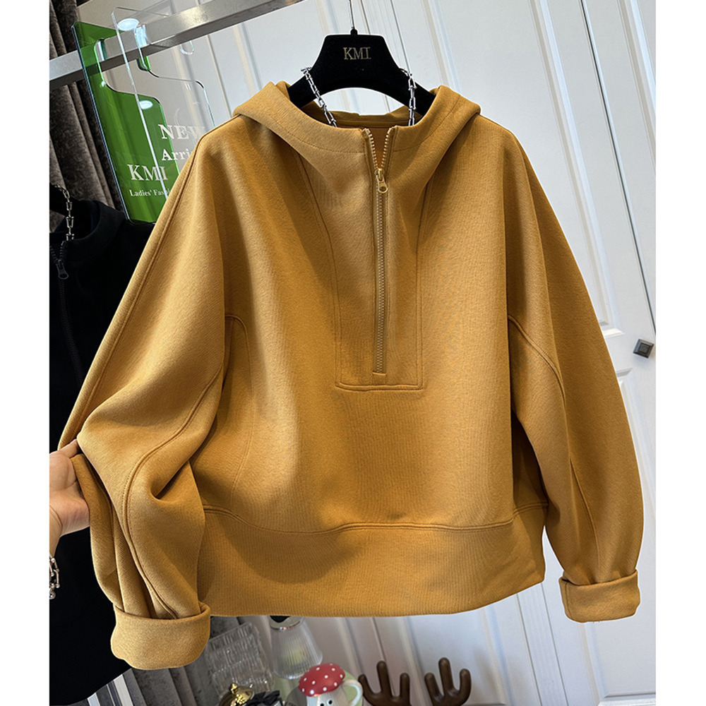 胖mm特大码2-300斤高级感半拉链连帽宽松卫衣女春秋薄款复古外套