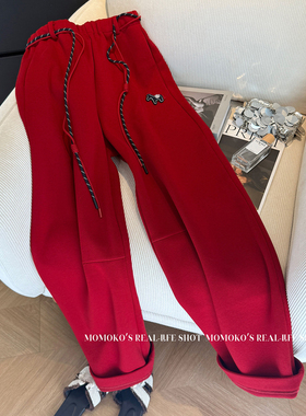 胖mm大码300斤小马刺绣加绒保暖卫裤女秋冬本命年红色休闲阔腿裤