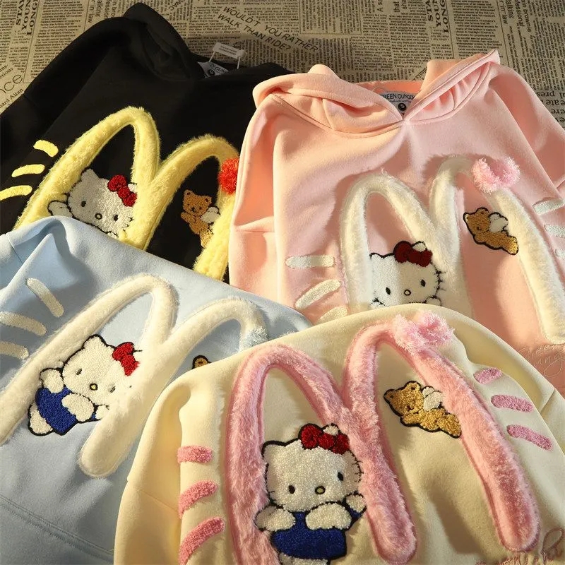 胖mm特大码300斤学院风可爱kitty猫耳朵连帽卫衣女秋冬加绒厚外套