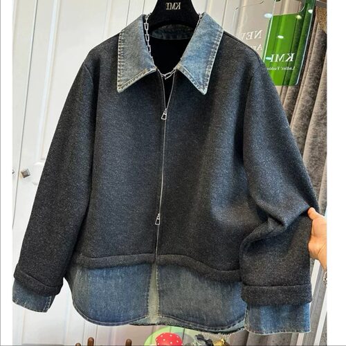 胖mm大码300斤牛仔拼接假两件卫衣外套女秋冬厚款双拉链翻领夹克