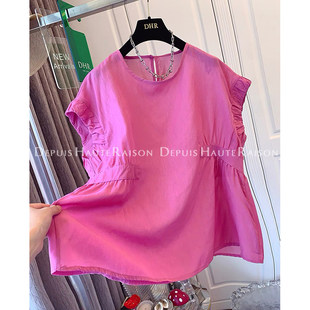 褶皱短袖 法式 衬衫 女夏季 减龄上衣 胖mm特大码 宽松薄款 300斤飞飞袖