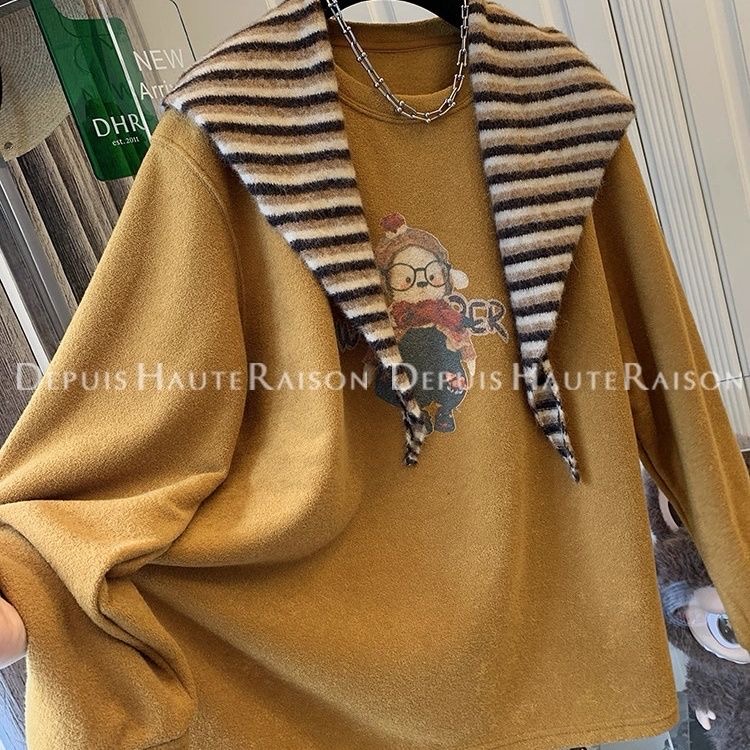 胖mm特大码2-300斤针织披肩小狗印花加绒磨毛厚款保暖卫衣女秋冬