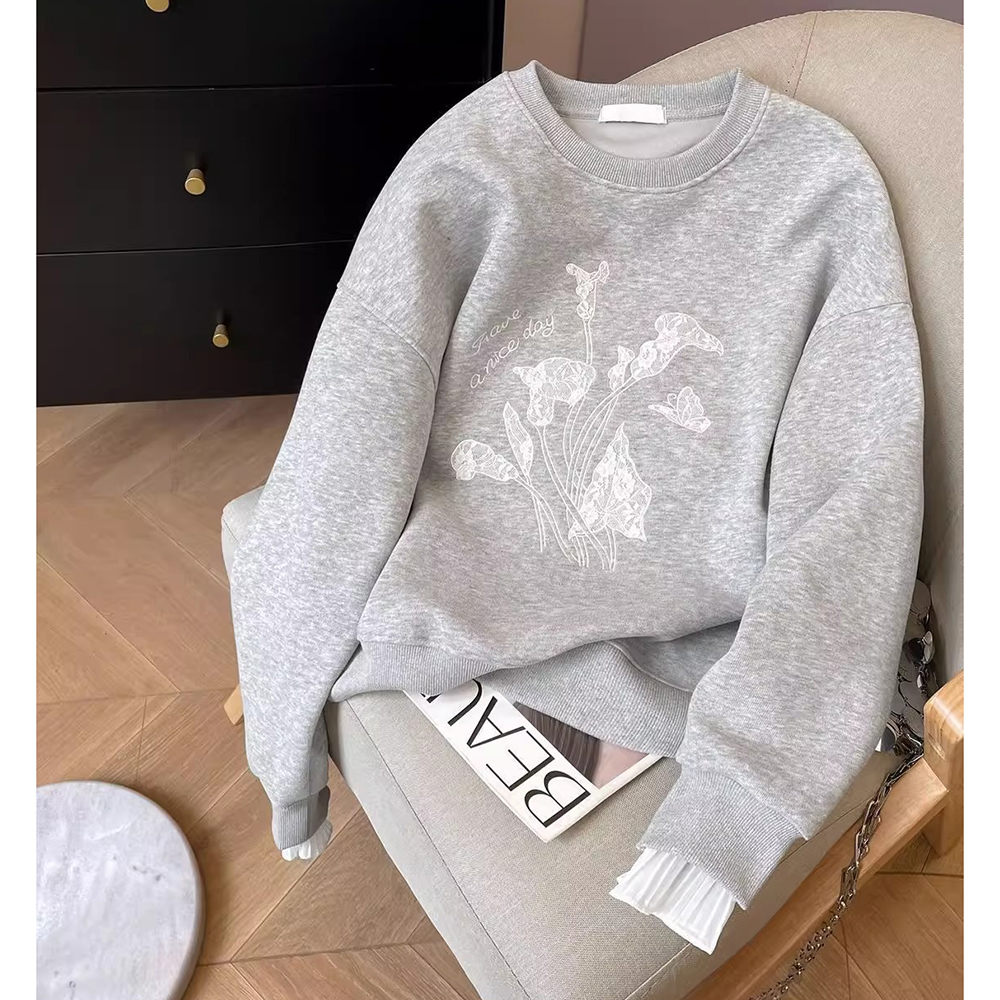 胖mm特大码230斤蕾丝边花纹刺绣复古宽松清纯少女学生卫衣女春秋