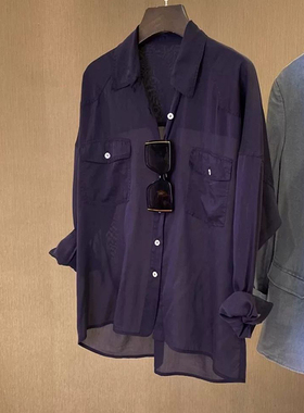 胖mm特大码300斤休闲度假长袖防晒衬衫上衣女春夏季气质紫色衬衣