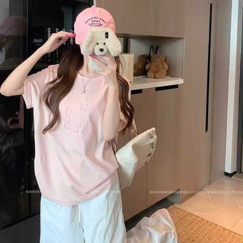 胖mm特大码300斤粉色刺绣重工短袖t恤女夏韩版宽松打底衫减龄上衣
