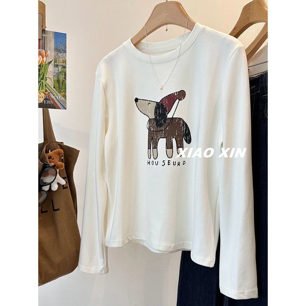 胖mm特大码300斤卡通红帽子狗狗螺纹双面德绒长袖T恤女秋冬打底衫