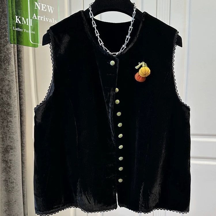 胖mm特大码300斤丝绒蕾丝边单排扣无袖马甲女秋冬季外搭马夹外套