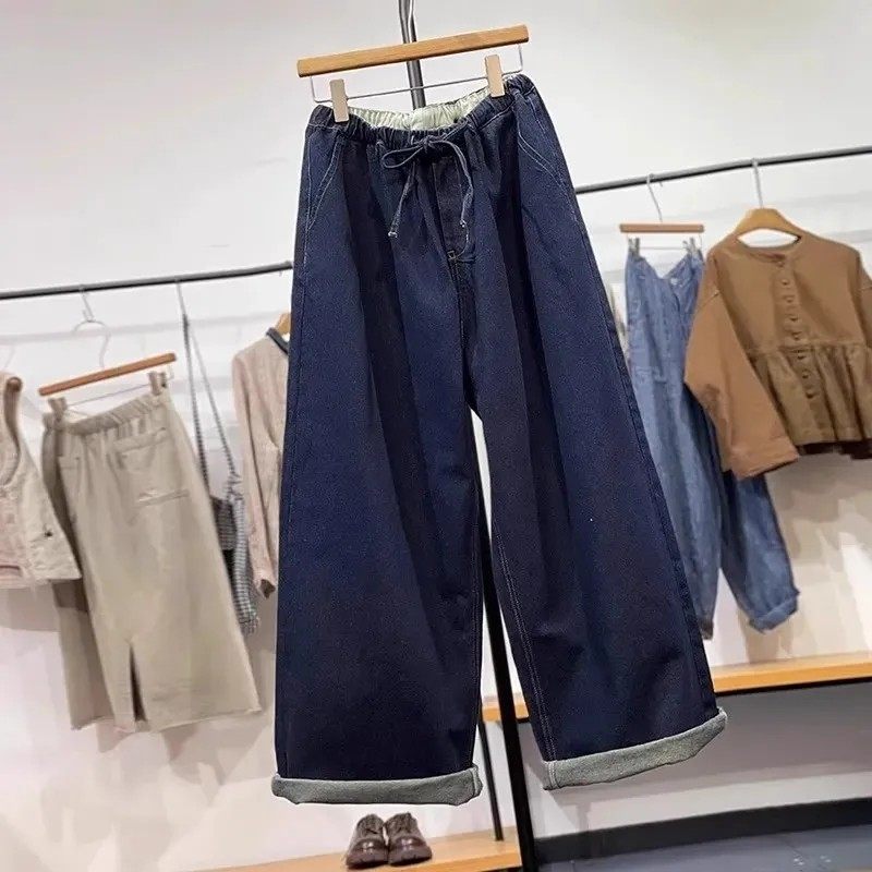 胖mm大码300斤复古松紧腰抽绳水洗牛仔阔腿裤女春秋高腰直筒长裤,女装/女士精品,大码裤装,淘宝优惠券,粉丝福利购,淘宝优惠卷