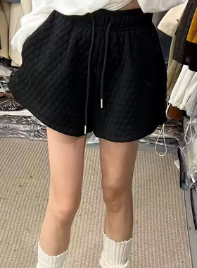 胖mm特大码300斤时尚气质松紧腰百搭菱格休闲夹棉厚款短裤女秋冬