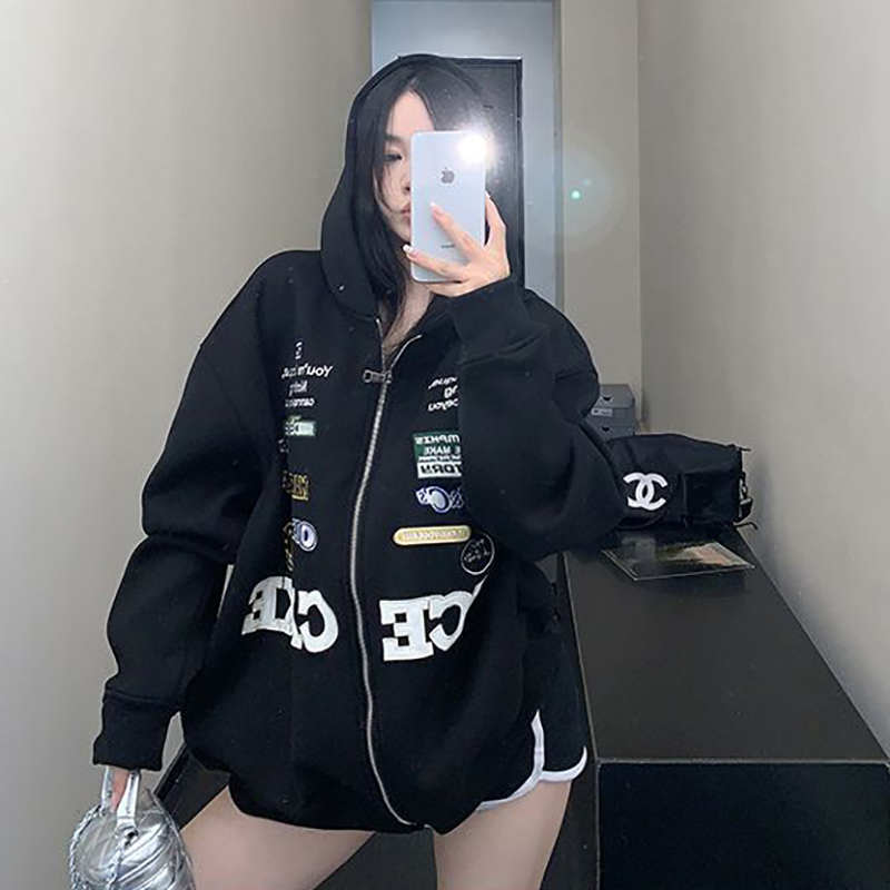 胖mm特大码300斤美式刺绣连帽开衫卫衣女秋冬宽松机车风加绒外套