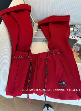 胖mm大码300斤小马刺绣加绒保暖卫裤女秋冬本命年红色休闲阔腿裤