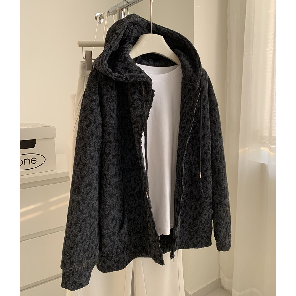 胖mm特大码2-300斤豹纹拉链加绒厚款连帽卫衣外套宽松上衣女秋冬