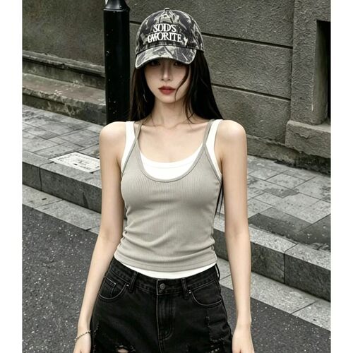 胖mm特大码300斤法式辣妹假两件吊带背心女夏设计感露背无袖上衣