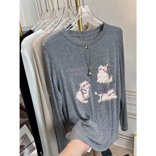 胖mm特大码300斤蝴蝶结猫咪印花长袖T恤女夏季轻薄防晒衫外穿上衣