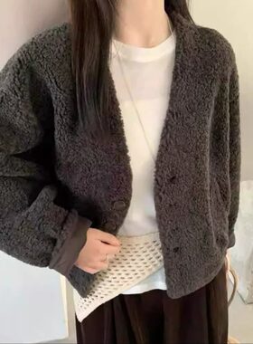 胖mm特大码300斤韩版羊羔毛绒短款外套女秋冬宽松高级感气质上衣