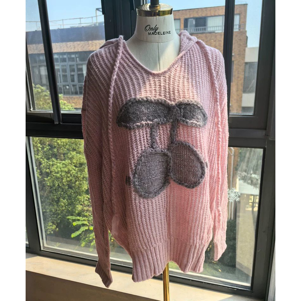 胖mm特大码300斤韩系甜美风长袖针织衫女春秋款樱桃提花连帽上衣