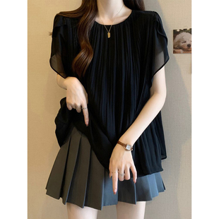 女夏宽松荷叶边遮肚减龄上衣 300斤慵懒风宽松雪纺衫 胖mm特大码