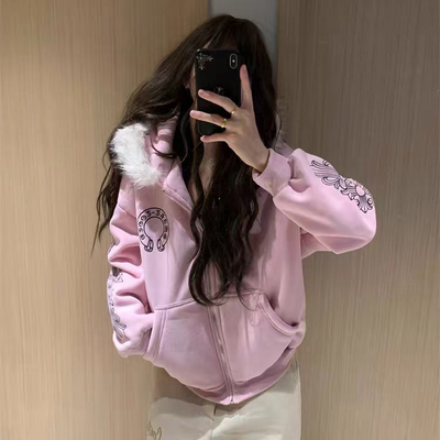 胖mm特大码300斤美式高街毛领连帽卫衣女秋冬季宽松加绒厚款外套