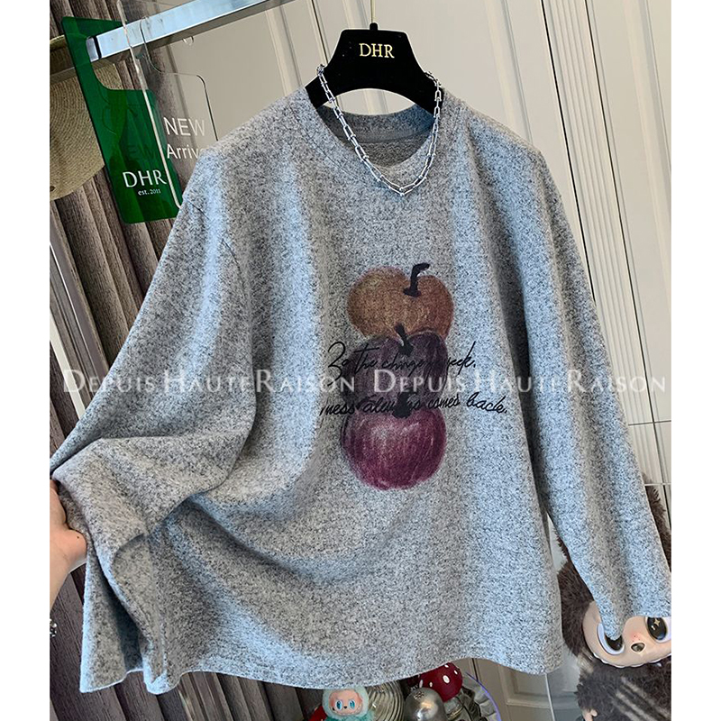 胖mm特大码2-300斤苹果印花磨毛厚款长袖T恤打底衫宽松上衣女秋冬