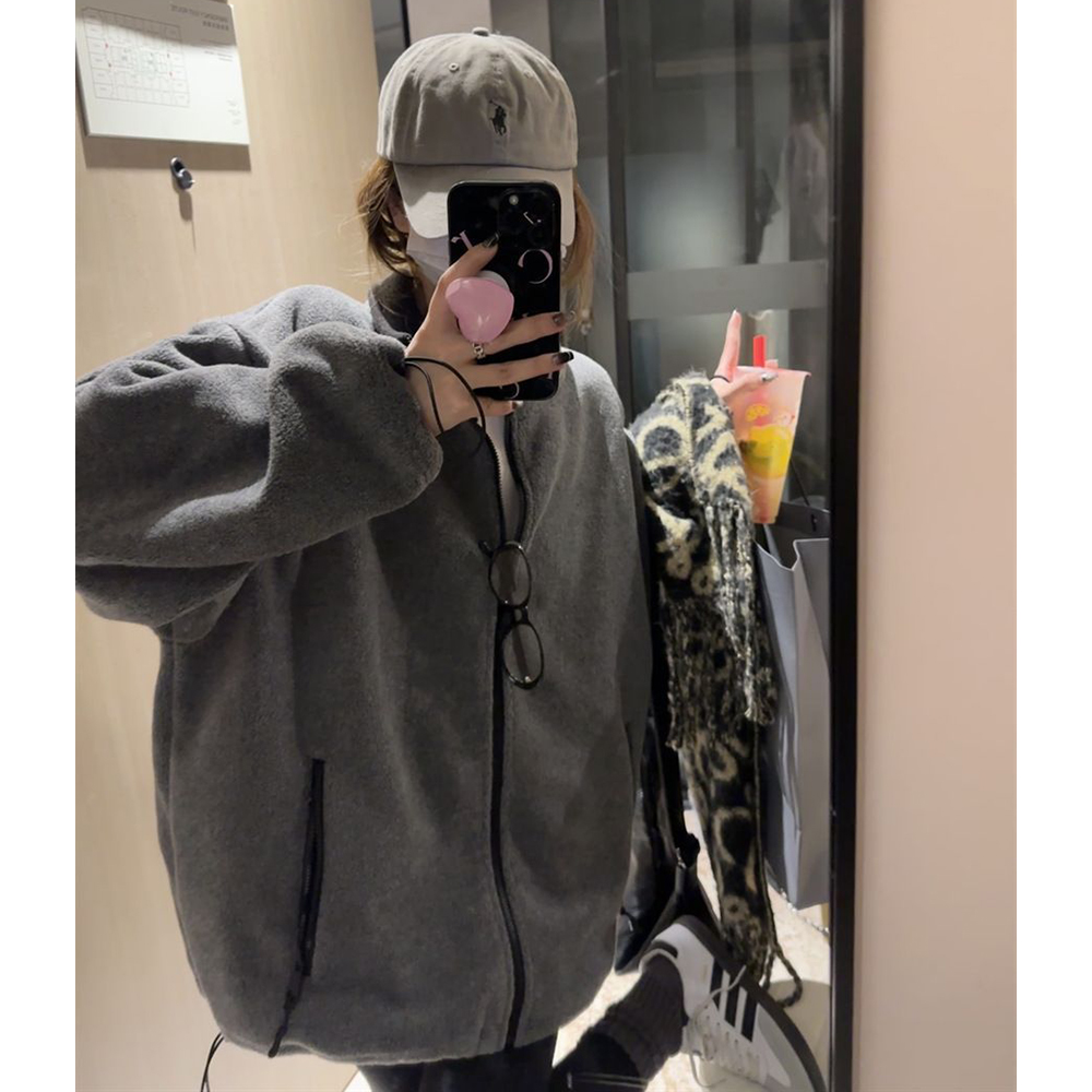胖mm特大码300斤松弛感拉链立领夹克女秋冬慵懒风摇粒绒卫衣外套