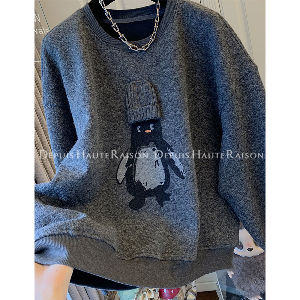 胖mm特大码300斤企鹅印花加绒厚款卫衣女秋冬季磨毛德绒宽松上衣