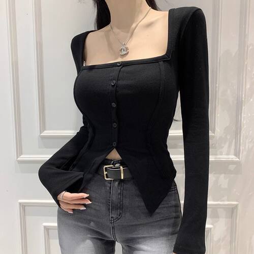 胖mm特大码300斤露锁骨方领打底衫女春秋纯欲辣妹修身显瘦长袖T恤