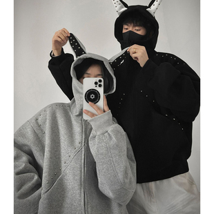 胖mm大码230斤美式杜宾犬高街连帽卫衣男女春秋铆钉外套情侣上衣