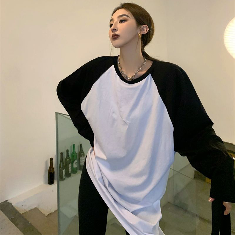 胖mm特大码2-300斤黑白撞色拼接长袖t恤女春秋薄款百搭打底衫上衣