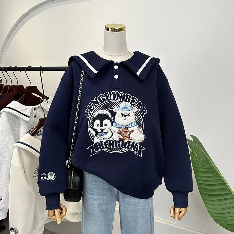 胖mm特大码300斤趣味卡通刺绣海军领卫衣女秋冬宽松加绒长袖外套