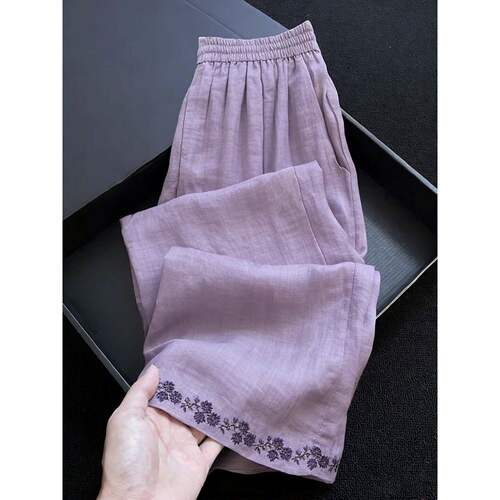 胖mm特大码300斤紫色刺绣阔腿裤女夏宽松百搭松紧腰高街风休闲裤