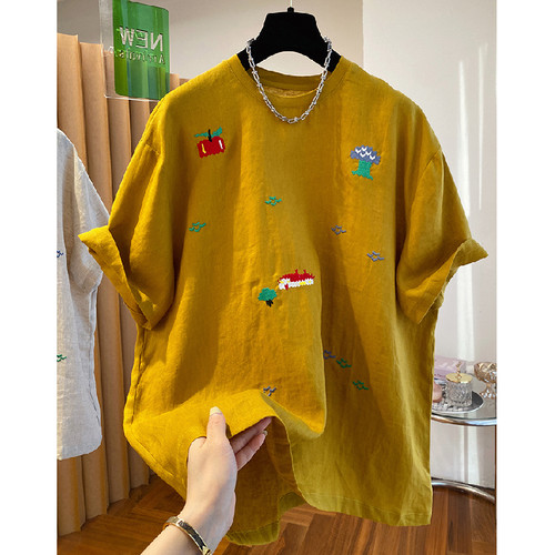 胖mm特大码300斤卡通刺绣亚麻t恤女短袖夏季欧货宽松休闲圆领上衣