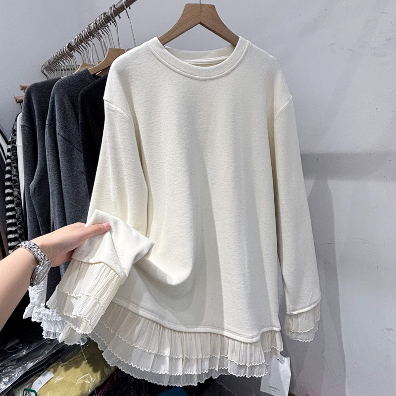 胖mm特大码300斤百褶蕾丝边磨毛德绒长袖T恤女秋冬内搭保暖打底衫